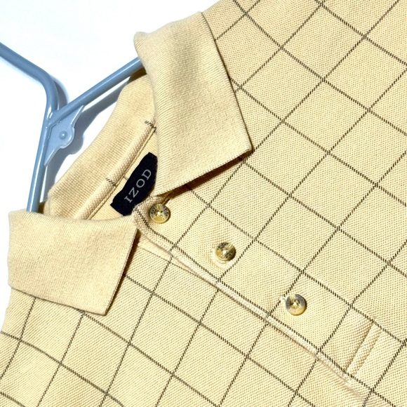 Izod Tan Grid Plaid Pattern Polo Size M Shirt Excellent - Picture 1 of 7